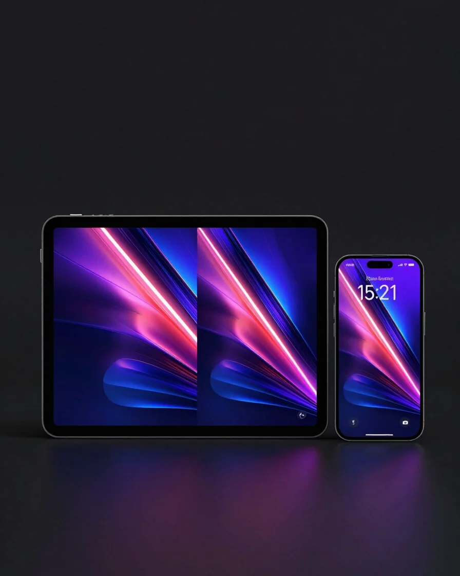 Sleek dark tablet and smartphone displays displaying vibrant neon wallpaper designs and typography preview, cool dark am