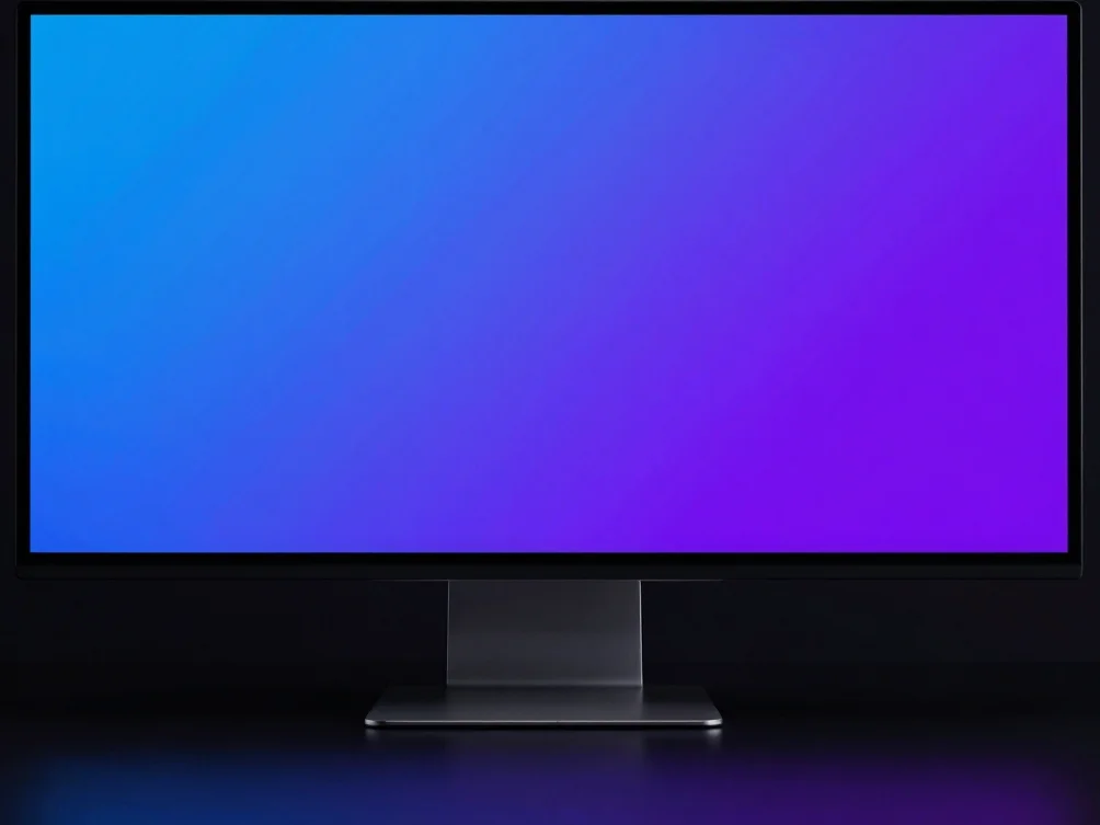 Wide angle view of a sleek desktop display showing vibrant electr